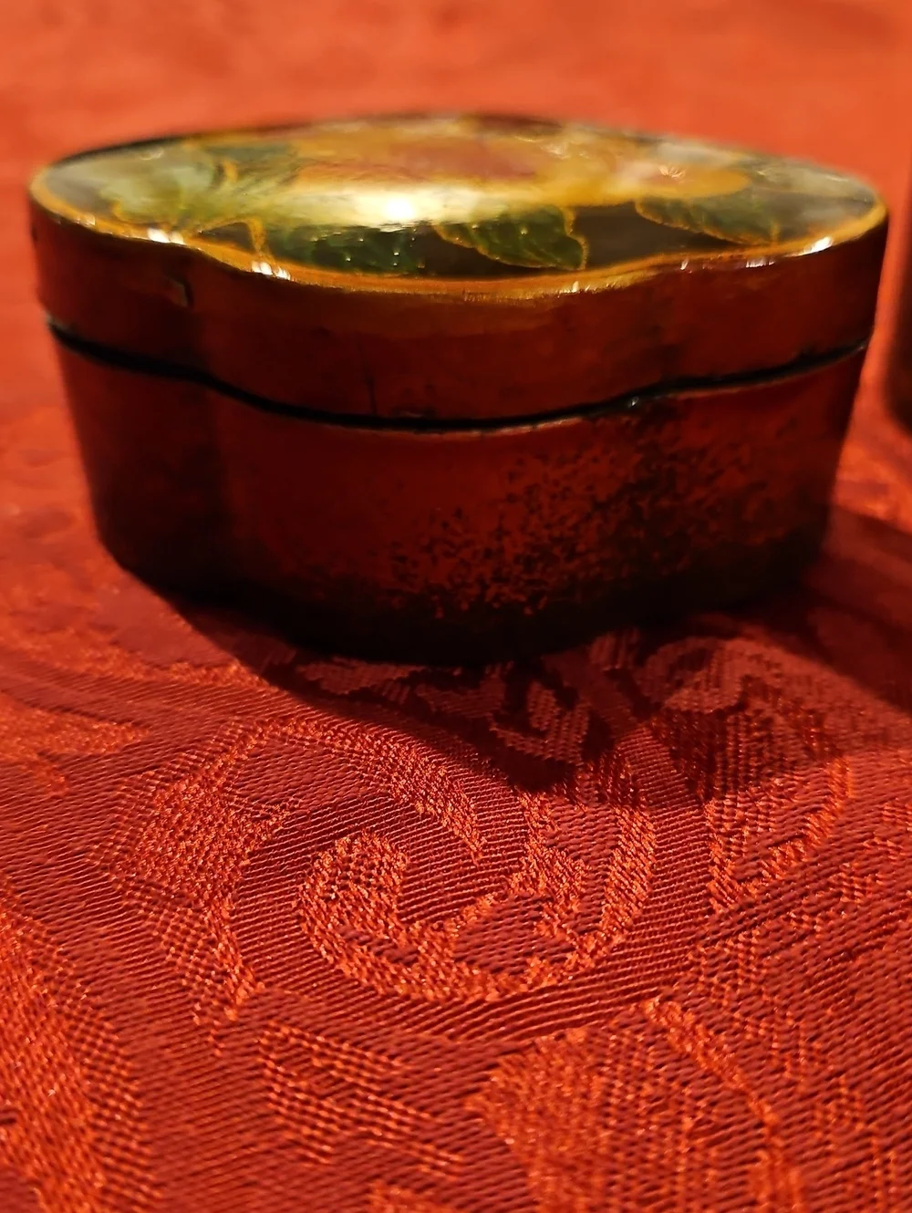 Vintage Asian Black Lacquer Floral Oval Trinket Boxes - Set of 2